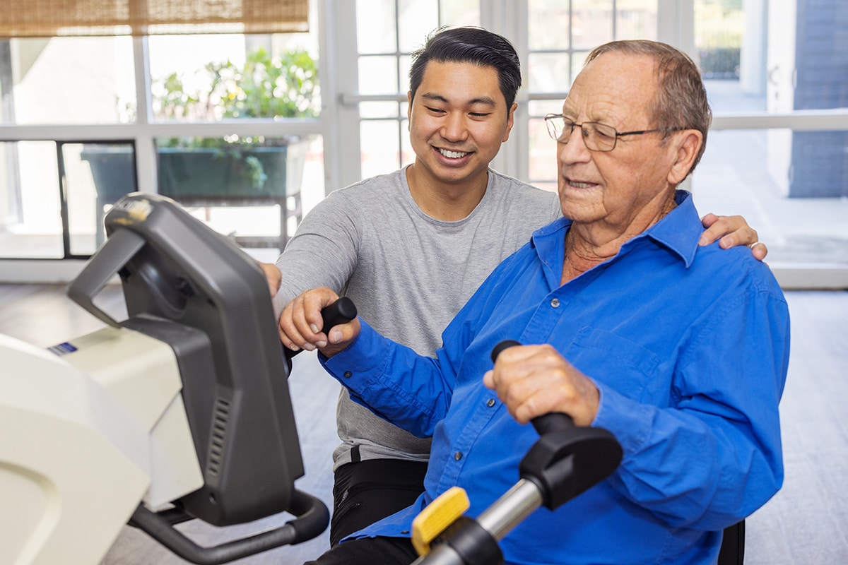a rehab therapist and resident in the rehab gym of Aviara Healthcare