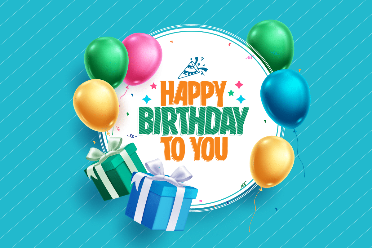540×360-happyb1 Digital card showing colorful balloons and gift boxes surrounding a white circle with "Happy Birthday to You" in bold text on a blue background.