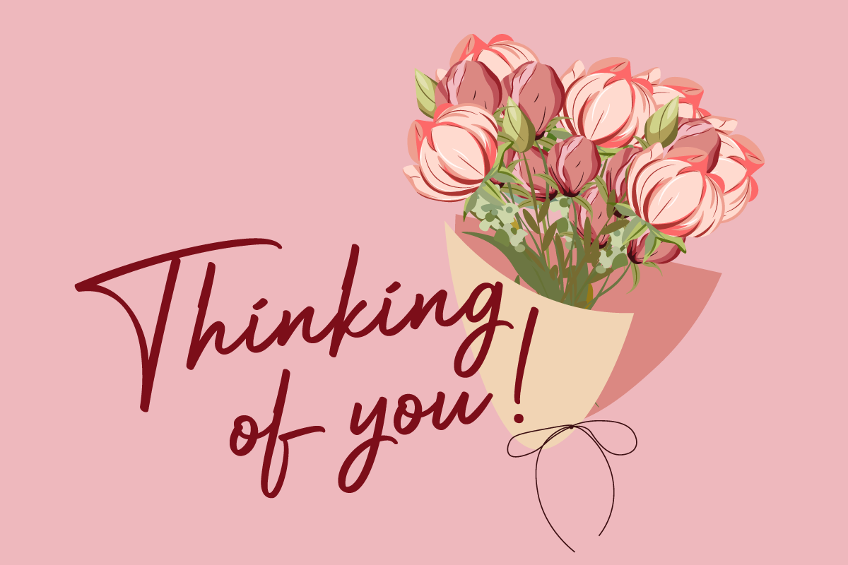540×360-thinking13 Digital card showing a bouquet of pink flowers with green leaves wrapped in paper on a pink background. The text "Thinking of you!" is written in dark red cursive.
