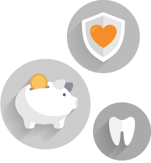 Piggy bank icon, heart shield icon, tooth icon